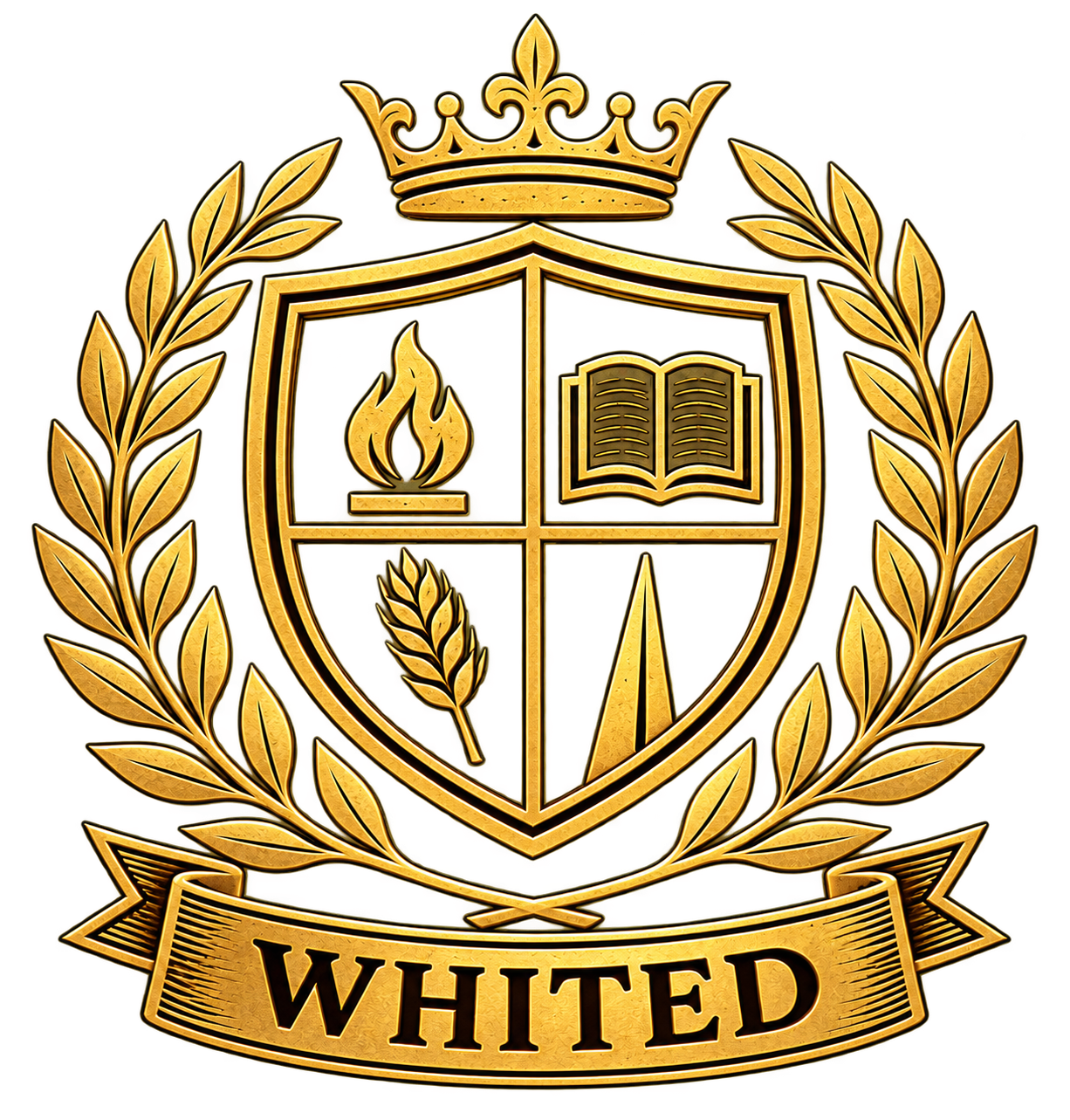 The Whited family crest in antique gold: a crown, laurel branches and a four-part shield above the Whited name.